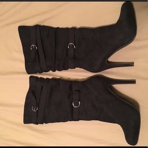 Black Suede Calf Length Heeled Boots